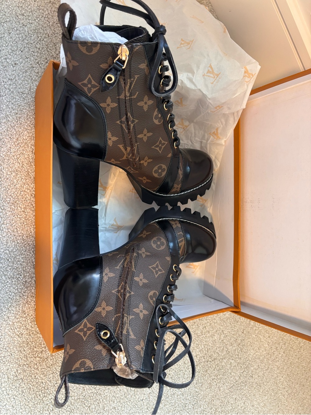 Louis Vuitton Brown Monogram Lace-Up Leather Block Heel Ankle Boots - Picture 4 of 7